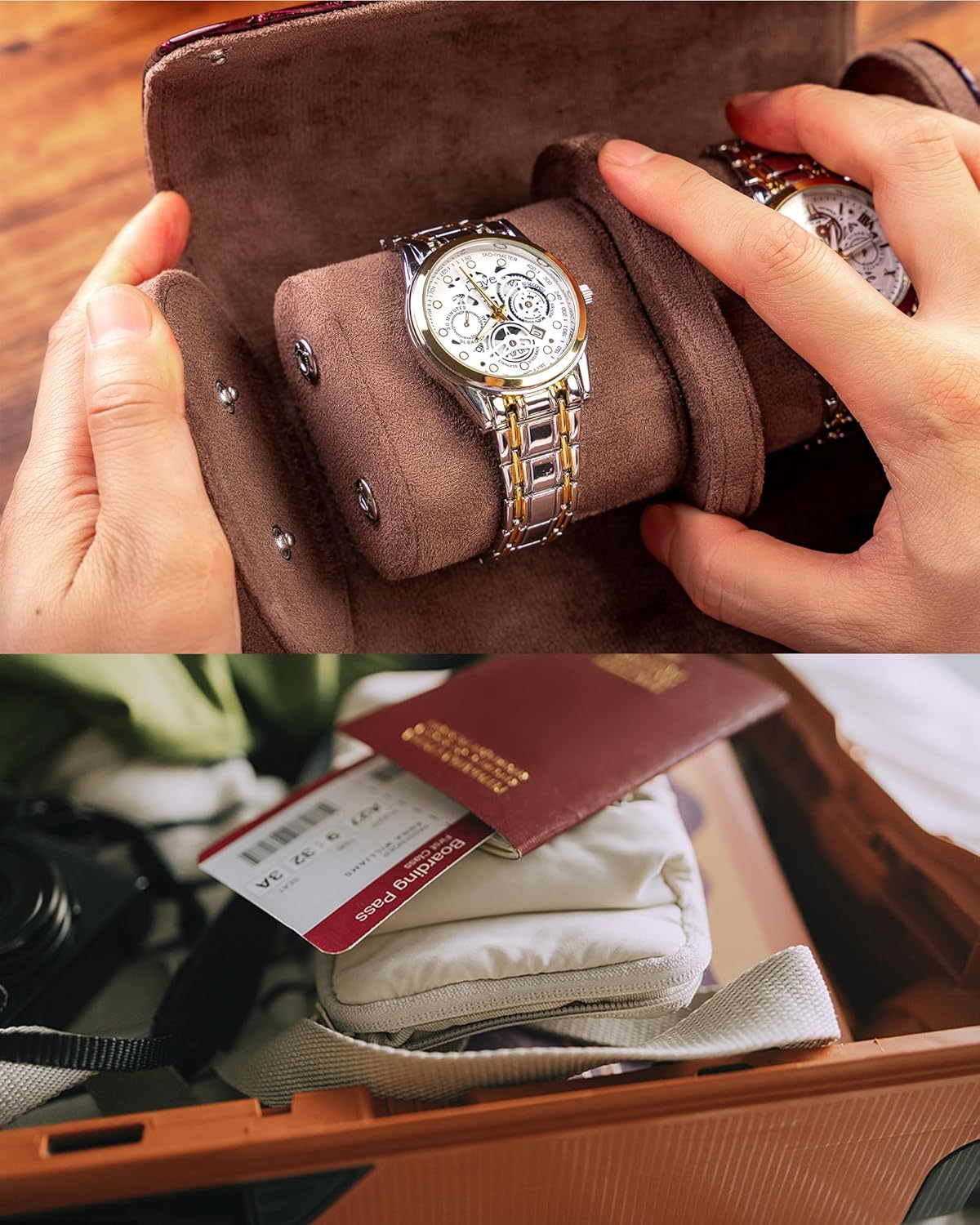 MR.OKAY 2 Watch Travel Case- Classic Leather Watch Case With Superb Texture.(Portable Watch Roll Or Organizer For Storage And Display).Festival Gift For Men, All Handcrafted By Artisans.