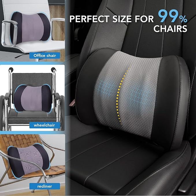Lumbar Support Pillow for Car, Memory Foam Lumbar Pillow for Lower Back Pain Relief - Back Cushion for Driving, Chair Support for Car-Office Chair, Wheelchair - Black&Gray