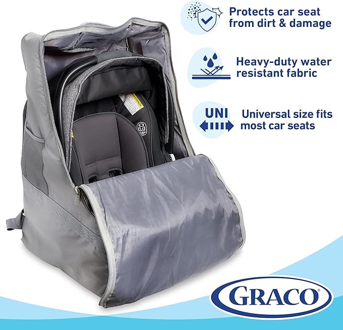 Graco Padded Car Seat Travel Bag & Infant Carrier Backpack, Durable Large Back Pack for Carseats & Booster Seats, Airport Gate Check Bag Luggage, Double Padded Strap, Water Resistant Material, Gray