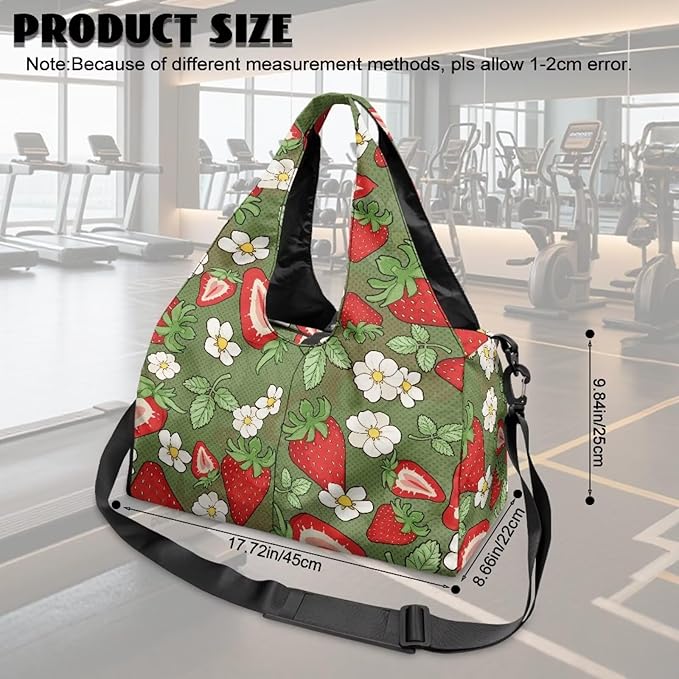 Strawberry Gym Bag with Shoe Compartment and Yoga Mat Holder, Waterproof Daisy Duffel Bag with Pockets Green Workout Bag for Men Fitness Workout Sports Bag
