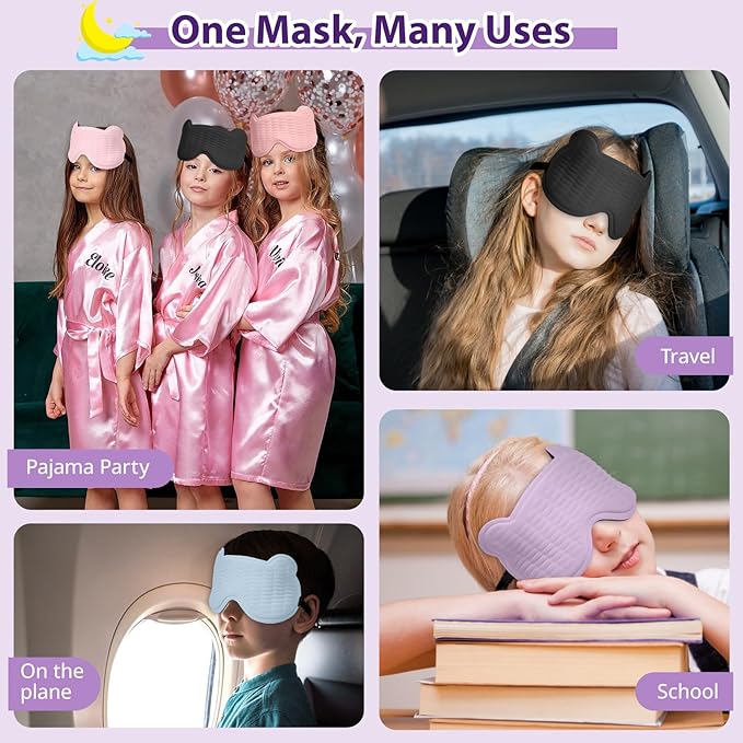 Kids Sleep Mask, 3D Sleeping Eye Mask for Kids with Adjustable Elastic Strap, Bear Shape Eye Cover with Memory Foam, Soft & Light-Blocking, Gift for Boys Girls Teens Age 5–15 (Purple)