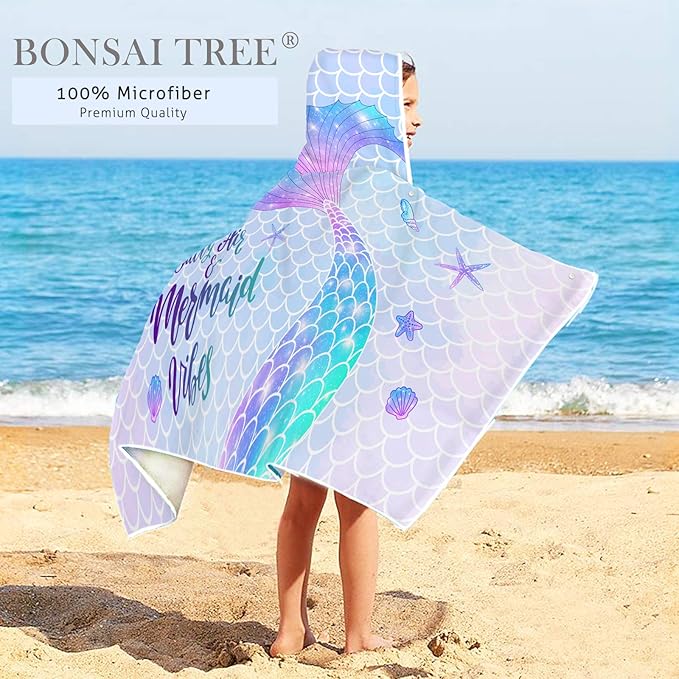 Bonsai Tree Mermaid Kids Hooded Beach Towel, Mermaid Tail Microfiber Hooded Poncho Towel for Girls 30”x50”, Mermaid Scales Pink Soft Absorbent Bath Towels Bathrobe with Hood for Swin Pool