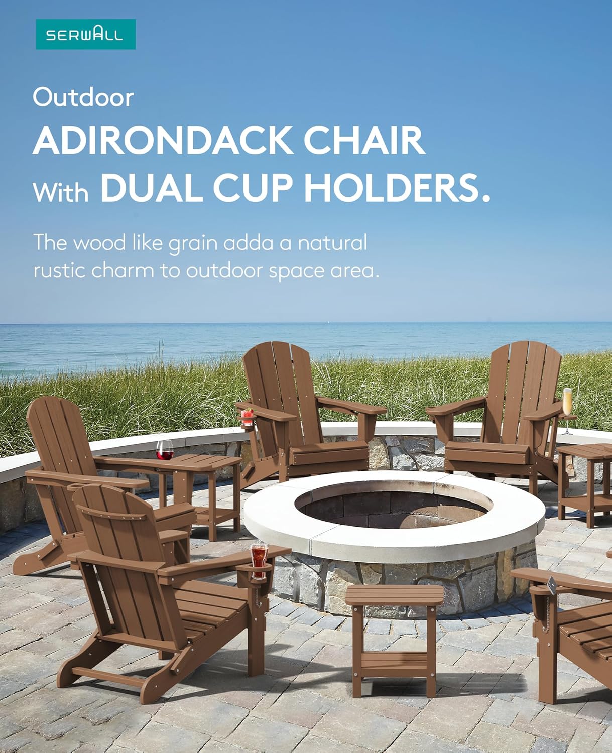 SERWALL Adirondack Chair with Cup Holders - Composite Adirondack Chairs Set of 8 HDPE Outdoor Chairs All Weather Use- Brown