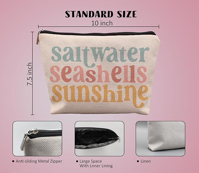 Beach Makeup Bag,Sunscreen Summer Travel Makeup Pouch,Saltwater Seashells Sunshine Travel Cosmetic Zipper Bags for Women,Beach Gifts for Women