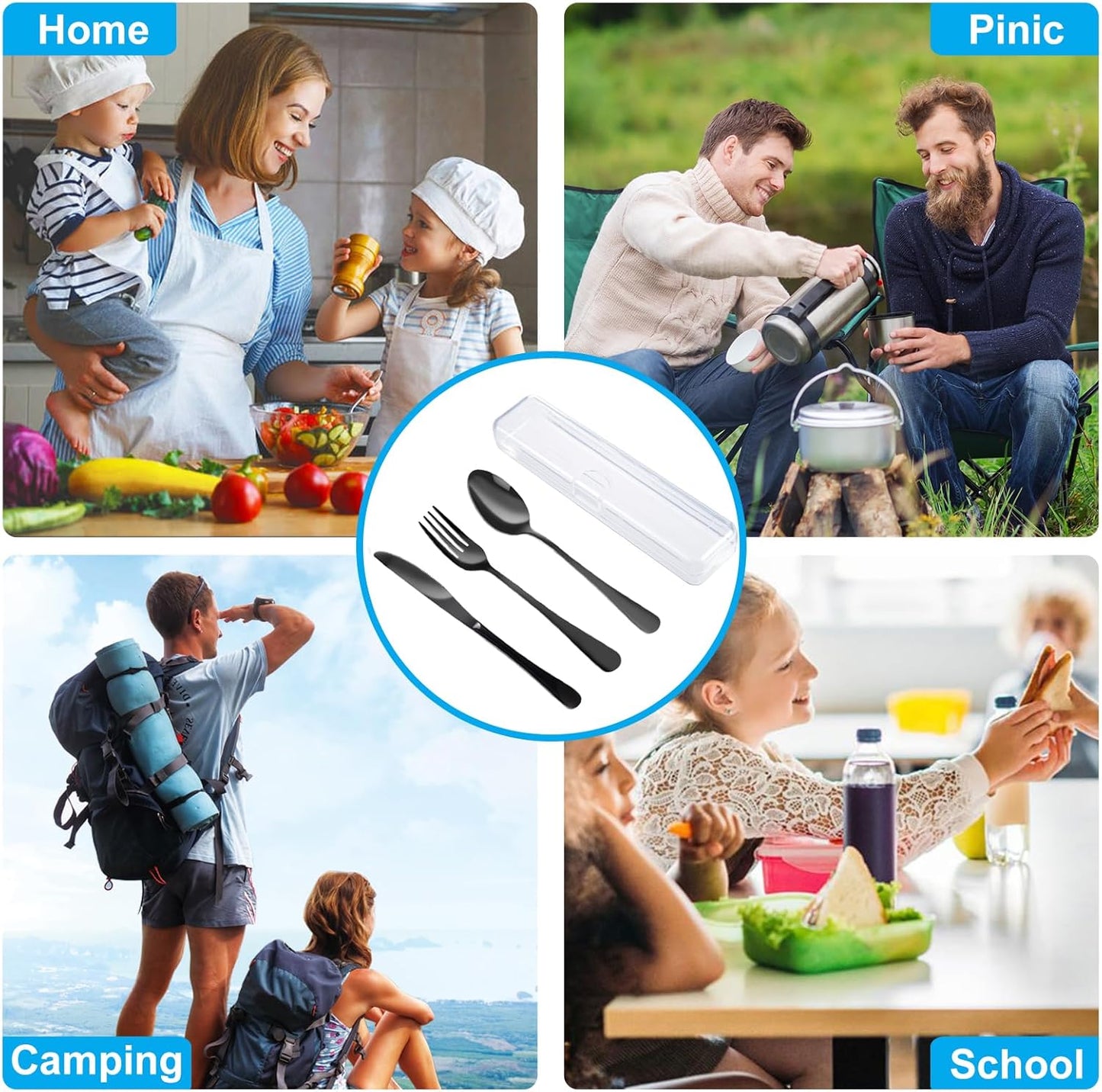 4PCS Premium Travel Utensils With Case, Stainless Steel Reusable Portable Utensils Set With Case, Lengnoyp Travel Silverware Set With Case for Lunch Box Includ Fork Spoon Knife Set, Black