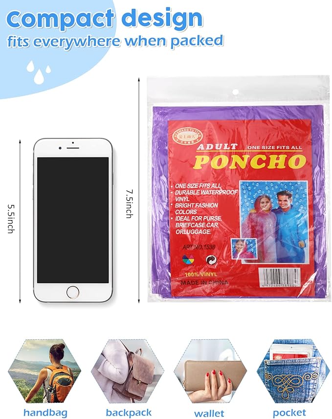 JaGely 80 Pack Disposable Adult Rain Ponchos Bulk Wedding Family Travel Theme Parks Homeless Hooded Elastic Outdoor Raincoat(Multicolor)
