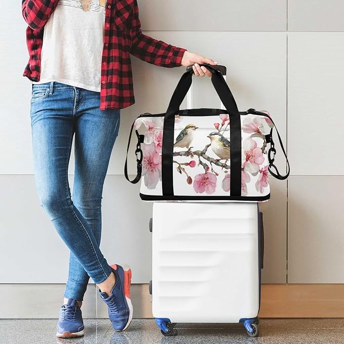 Travel Duffel Bags for Women Watercolor Birds on Pink Flower Branch Sports Duffel Bags Gym Bags with Shoes Compartment Tote Bag Weekender Bag for Travelling