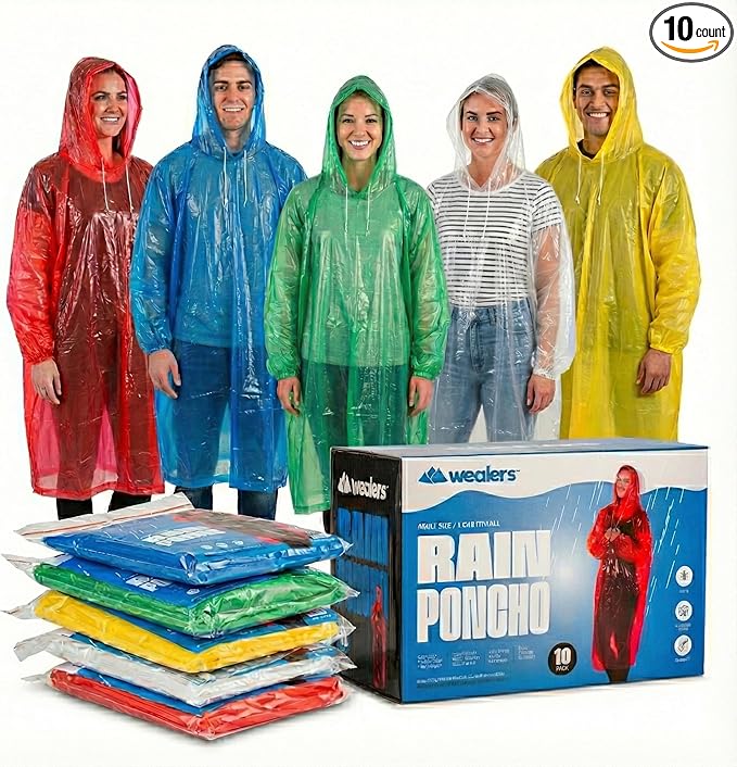 Wealers Rain Poncho Bulk Pack Disposable Ponchos Adults Emergency Raincoat Hood Strings Multi Colors