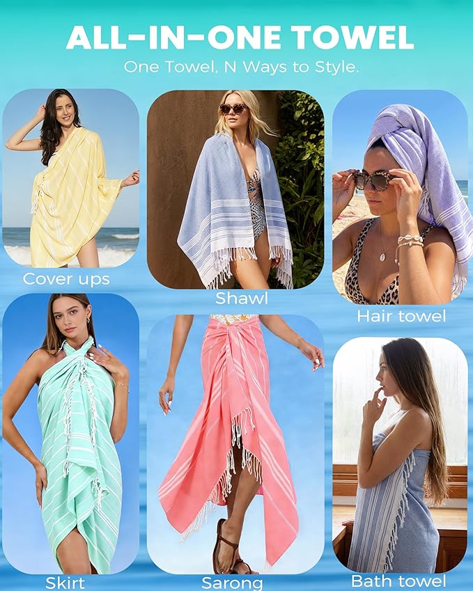 Antfuny Turkish Beach Towels Vacation Essentials Quick Dry Sand Free Soft Extra Large XL Big Blanket Adult Bath Pool Swim Towel Lightweight Thin Sandless Fast Drying No Sand Packable Foldable Blue