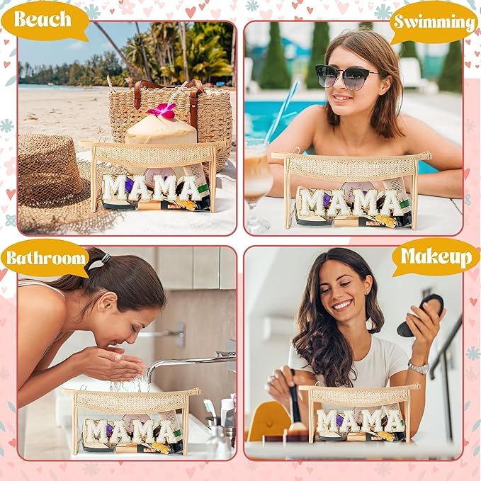 Mother's Day Cosmetic Bag - Summer Boho Patch MAMA Chenille Varsity Letter Makeup Bag Clear Waterproof Travel Toiletry Kit Zipper Clutch Daily Use Purse Gift for Mom Women Ladies Wife