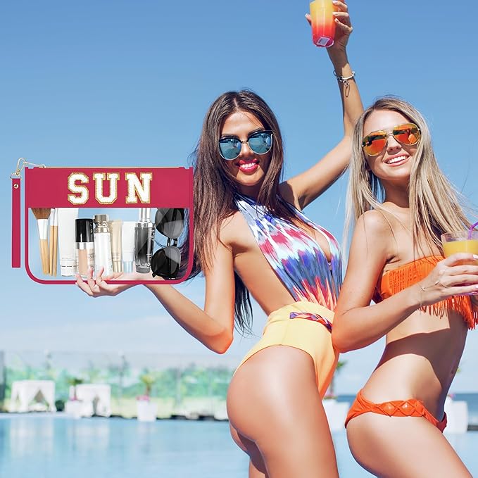 Preppy Patch Sun Cosmetic Bag Summer Sunscreen Toiletry Bag Portable PVC & Nylon Waterproof Makeup Bag Daily Use Storage Purse Travel Swimming Beach Bag for Women Girls