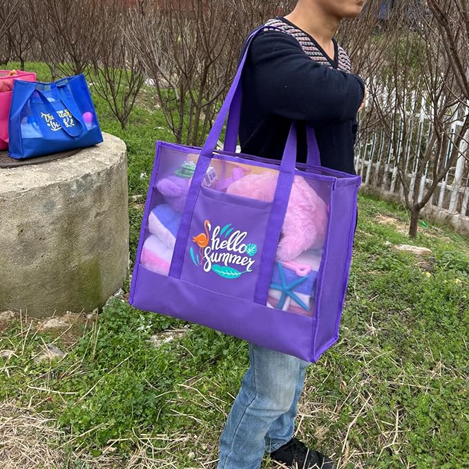 Reusable Large Beach Bags With 2 Pockets & Zipper, Lightweight Beach Tote for Poolside, Trip/swim