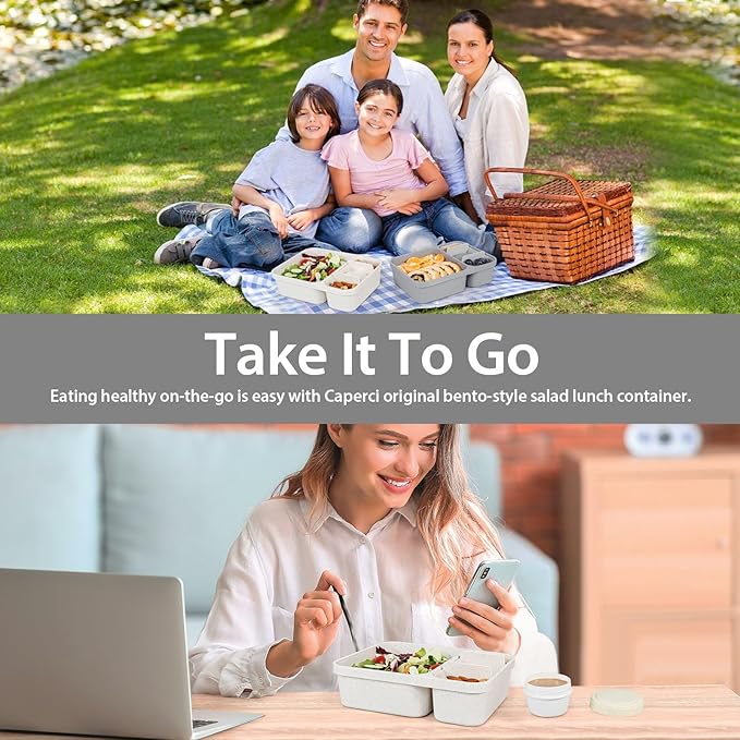 Caperci 2 Pack Salad Container for Lunch - 62 oz Large Bento Lunch Box for Adults, 2-Compartment Meal Prep Container with Removable Toppings Tray, Sauce Cup, Reusable Fork, BPA-Free (Gray & Tofu)