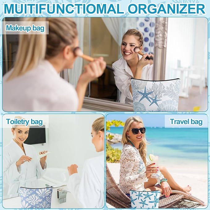 4 Pack Coastal Cosmetic Bags Beach Themed Gifts Starfish Seashell Conch Coral Makeup Pouches Zippered Travel Toiletry Bags for Women Beach Summer Trip Organizer Set(Fresh)