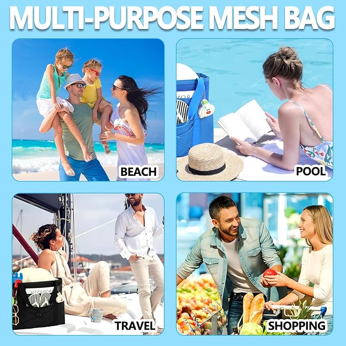 Mesh Beach Bag, Large Beach Tote with Zipper Pocket, Toys Pool Bag for Family Travel Vacation Cruise Essentials