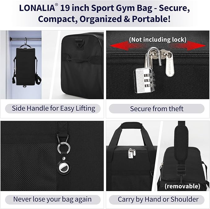 35L Sports Gym Duffle Bag - 19 inch Weekender Duffel for Workout, Basketball, Fitness, Training (Black)