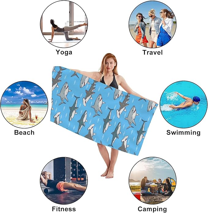 Sharks Microfiber Beach Towels,Sharks and Small Fish in Ocean Oversized Absorbent Bath Towels,Soft Quick Dry Thin Camping Towel for Adults Women Men,29.5"×59"