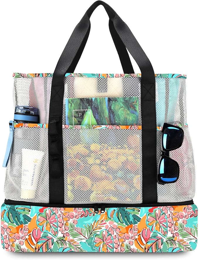 Beach Bag with Cooler,Mesh Beach Bags for Women Sandproof for Pool and Swimming Travel Daily with Durable 8 Pocket