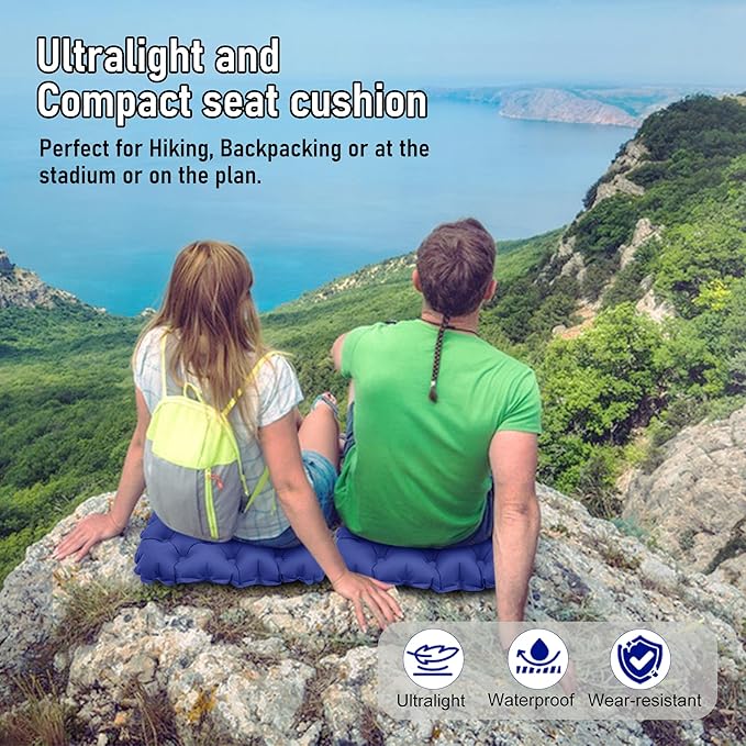 Inflatable Seat Cushion, Lightweight Stadium Seat Pad, Travel Air seat Cushion Anti-Slip for Airplane, Hiking, Climbing, Home and Camping,Navy Blue