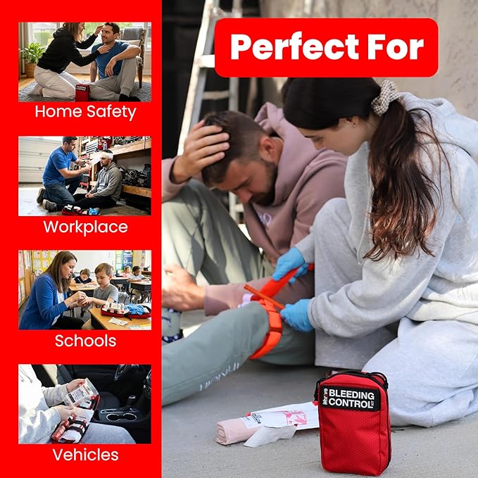 Basic Bleeding Control Kit from iThrive Medical - Stop The Bleed Kit with CAT Tourniquet, Trauma Dressing, Gauze & More - Public Access Emergency First Aid Kit in Red Nylon Bag