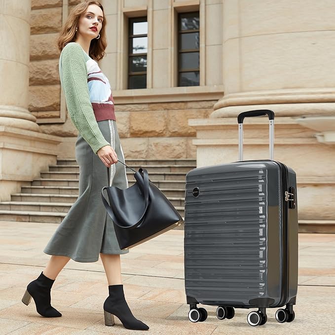 GinzaTravel 24 Inch Checked Luggage with Spinner Wheels TSA Lock PP Hardside Durable Medium Checked Suitcase, Gray, 24Inch