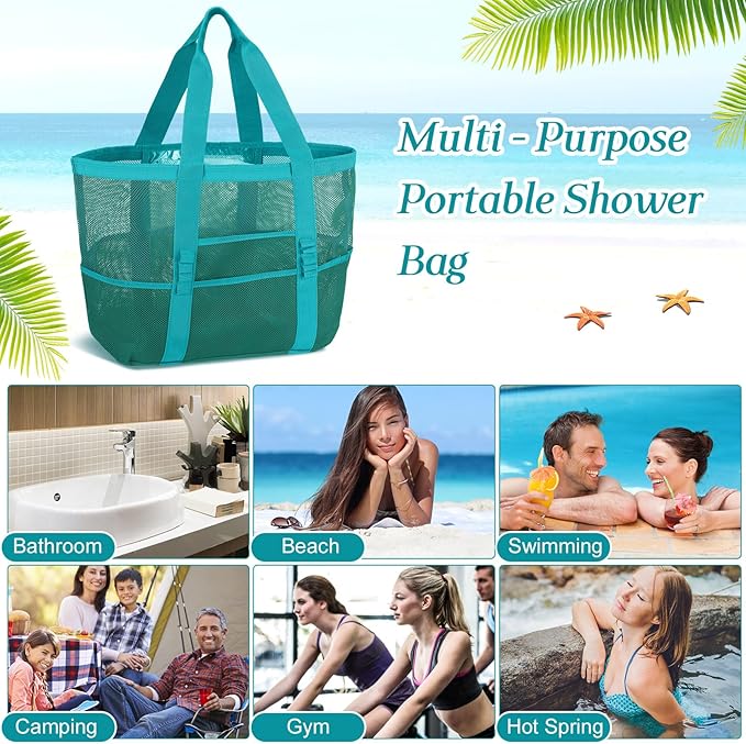 Hillban Large Beach Mesh Bags Bulk for Women Beach Tote Bag with 8 Pocket Zipper Waterproof Sandproof for Pool Cruise Ship