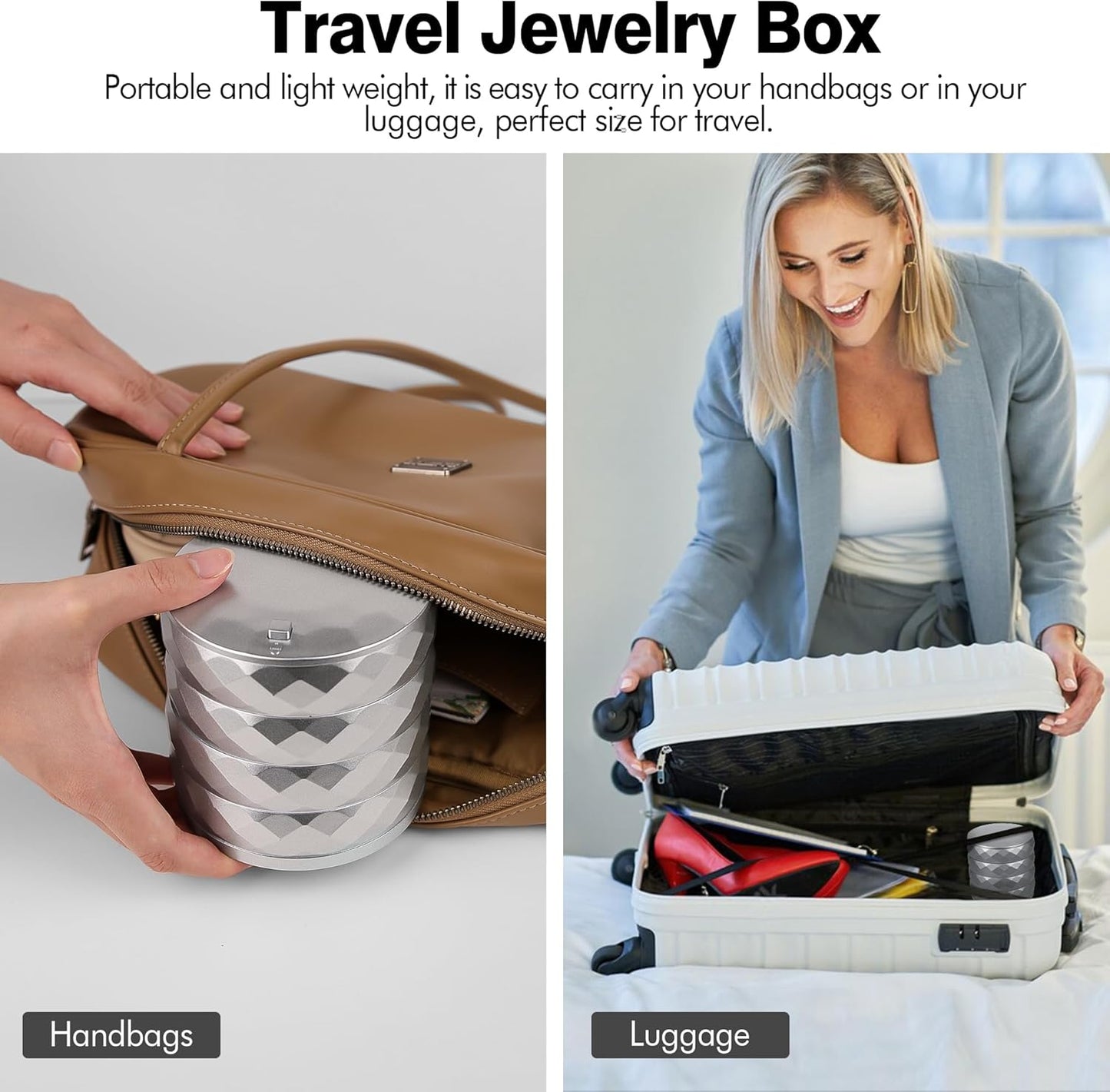 CONBOLA Travel Jewelry Case Box, Small Jewelry Organizer Earring Holder for Women, 5-Layer Rotating Jewelry Storage Tray with Lid for Bracelets Rings Bracelets