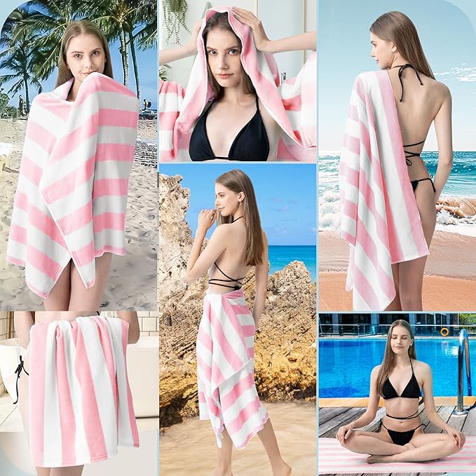 Touchat 4 Pack Cabana Stripe 250GSM Polyester Lightweight Quick-Dry Beach Towel & Blanket Combo- 30'' x 60'' Compact Travel Towel for Pool, Camping, Gym, Yoga | Ultra-Portable, Multi-Functional,Pink