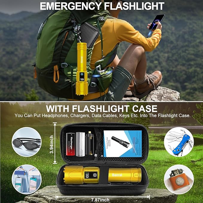 Banral Rechargeable Tactical Flashlights 2000 High Lumens - 5000mAh Super Bright LED Powerful Flash Light, Waterproof Handheld USB C Flashlight for Home,Car,Camping,Emergencies,5 Modes (1, Gold)