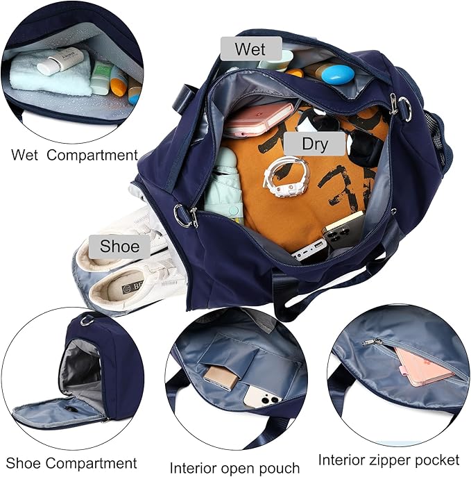 Dance Bag Sports Travel Duffle Ballet Gym Overnight Bag Yoga Bags with Shoes Compartment Solid Color Water Resistant(NavyBlue)