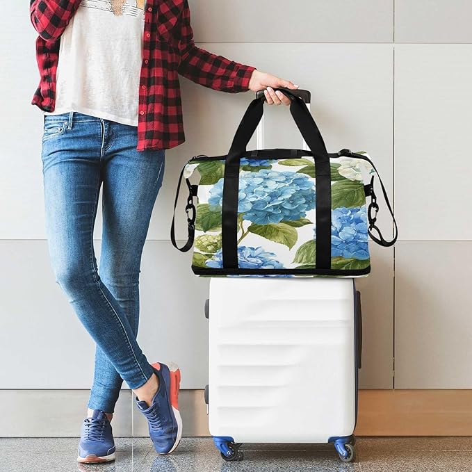Travel Duffel Bags for Women Watercolor Hydrangea Floral Sports Duffel Bags Gym Bags with Shoes Compartment Tote Bag Weekender Bag for Travelling