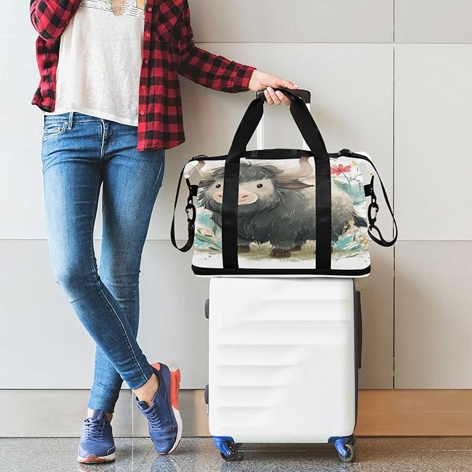 Travel Duffel Bags for Women Cute Gray Yak with Wildflowers Sports Duffel Bags Gym Bags with Shoes Compartment Tote Bag Weekender Bag for Travelling