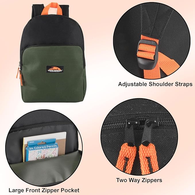 Color Block Backpacks for School Boys and Girls, 15 Inch Two Tone Colorful Small Travel Backpack for Kids (Green)