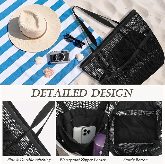 Beach Bag for Women with Outer Pocket, Waterproof Large Tote Bag for Cruise Essentials