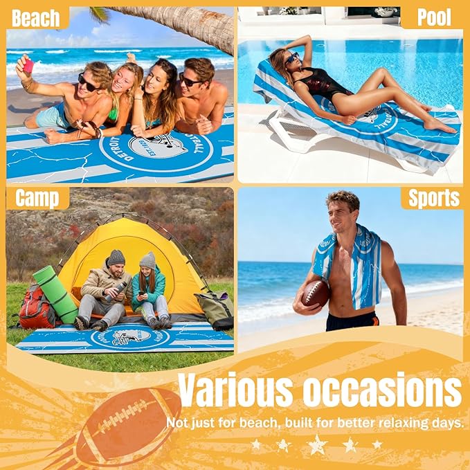 Football Fan Thin Lightweight Microfiber Beach Towel Detroit Themed Large Sand Free Oversized Quick Dry Absorbent Towels Men Women Lions Team Son Brother Christmas Xmas Birthday Cool Useful Nice Gifts