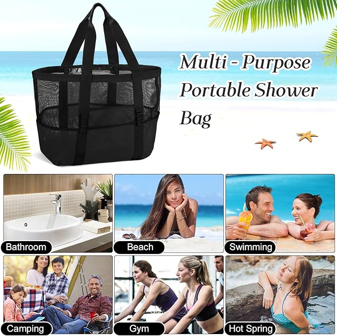 Hillban Large Beach Mesh Bags Bulk for Women Beach Tote Bag with 8 Pocket Zipper Waterproof Sandproof for Pool Cruise Ship