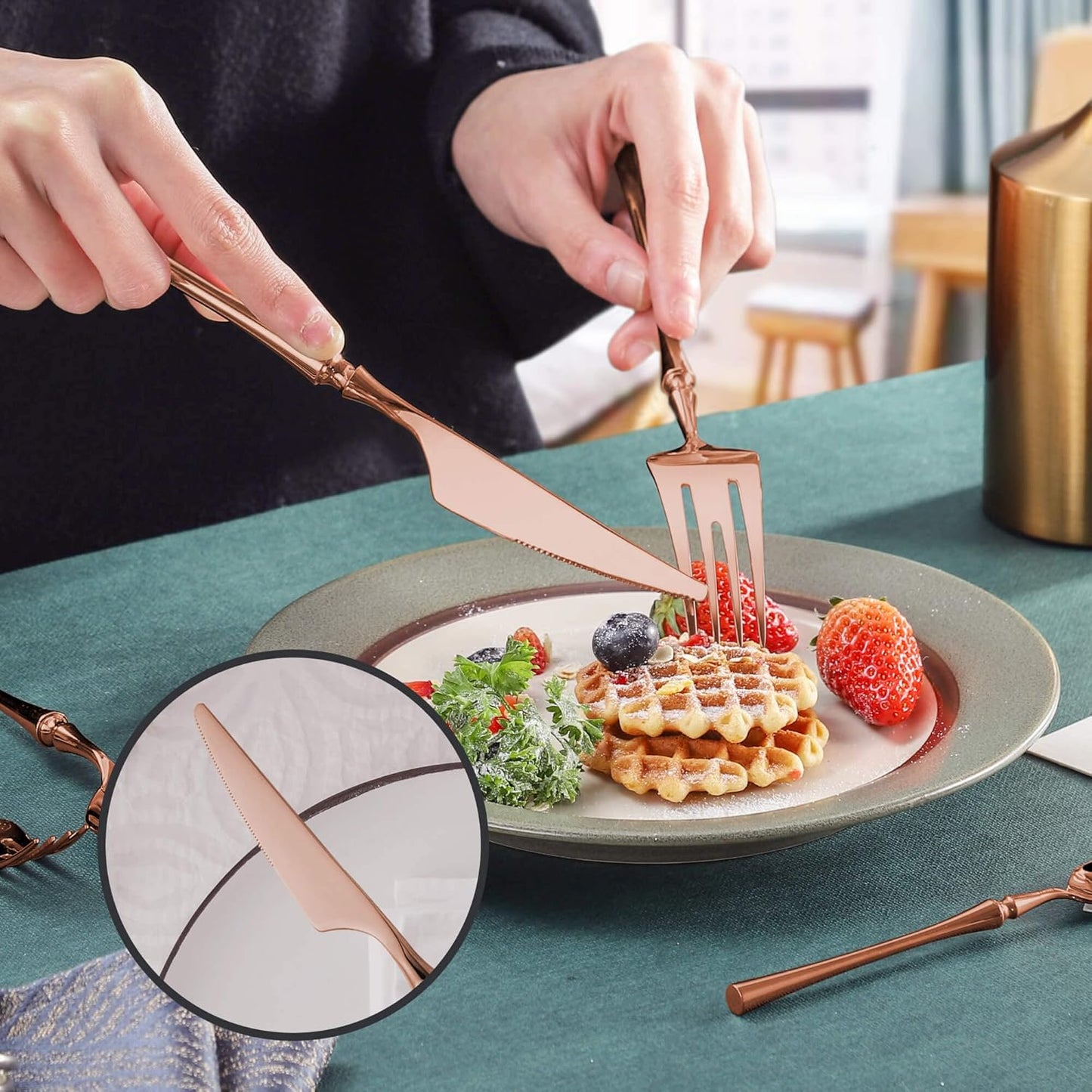 20-Piece Rose Gold Silverware Set for 4,Modern 18/10 Stainless Steel Flatware Set,Unique Rustic Cutlery Utensils Set,Spoon and Fork Set for Home, Restaurant,Mirror Polished,Dishwasher Safe