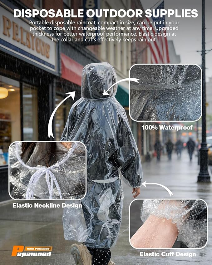 Disposable Rain Ponchos, 6 Pack Family Pack for Adults, 1MIL Thick Clear Emergency Raincoat with Drawstring Hood and Elastic Cuffs, Waterproof Rain Gear for Theme Parks Travel, and Camping