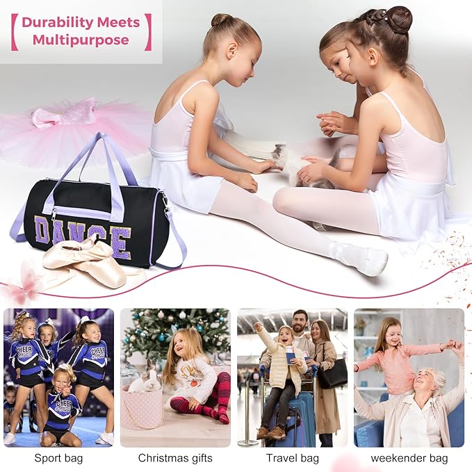 Dance Bag for Girls, KUIRAN 23L Waterproof Travel Duffel Bag with Colorful Chenille Letter, Lightweight Small Gym Sport Ballet Weekender Bag with Large Main Compartment - Black/Gold