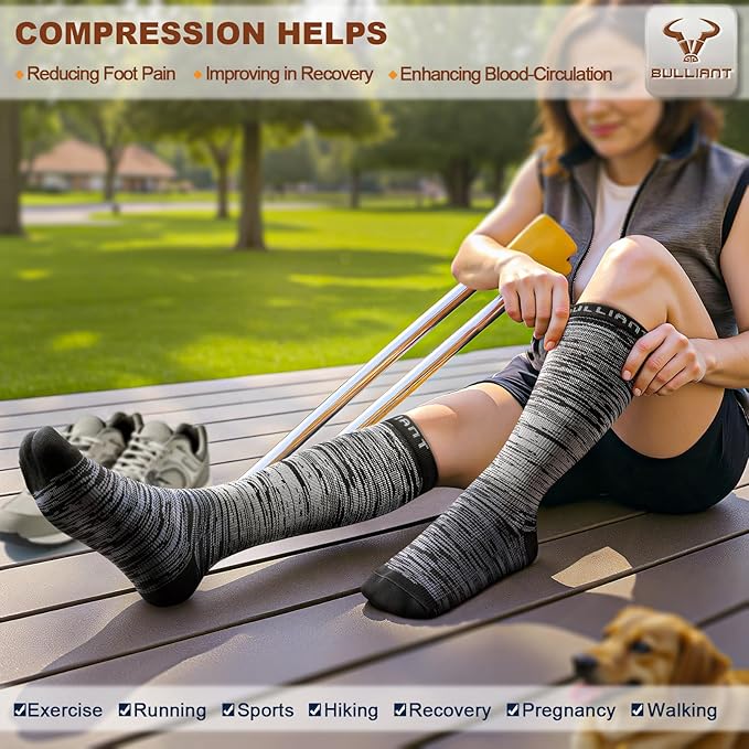 BULLIANT Men Compression Socks 3Pairs-Knee High Socks 15-20 Pressure Unise- Cushioned Sole Extra Wicking