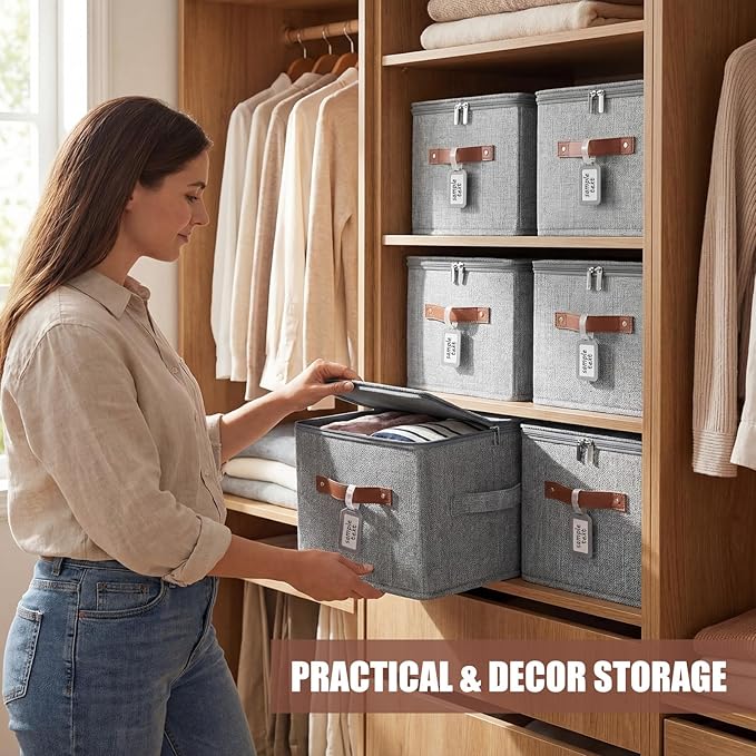 6 Pack 15 Inch Fabric Closet Storage Bins with Lids, 15x10x10In Large Foldable Cotton Linen Storage Cubes Boxes with PU Handle & Label Holder for Bedroom Organization, Shelf, Nursery, Gray
