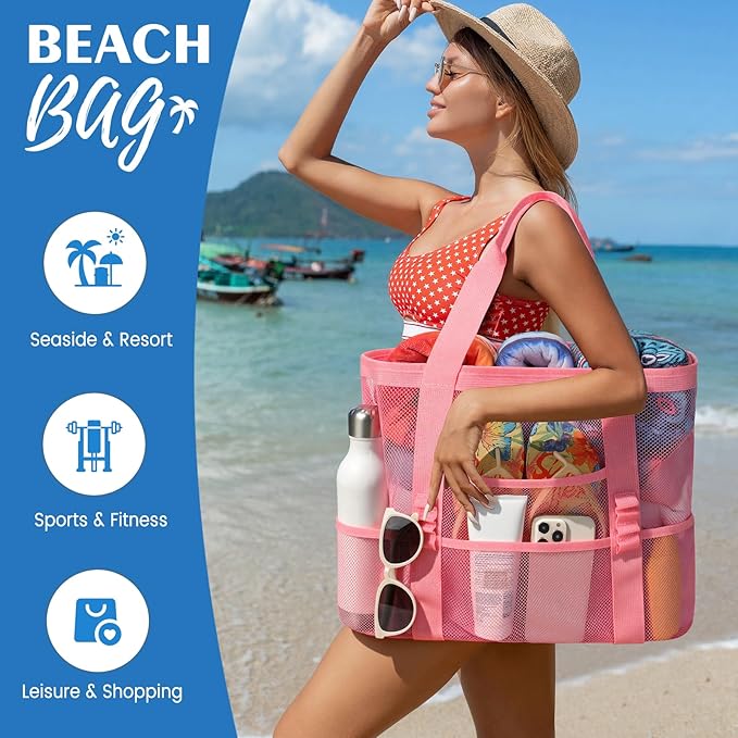 Beach Bag - Mesh Beach Bag Large 8 Pockets, Beach Tote Bag Beach Essentials for Vacation Must Haves