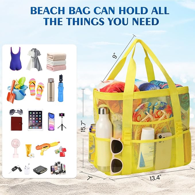 Beach Bag - Mesh Beach Bag Large 8 Pockets, Beach Tote Bag Beach Essentials for Vacation Must Haves
