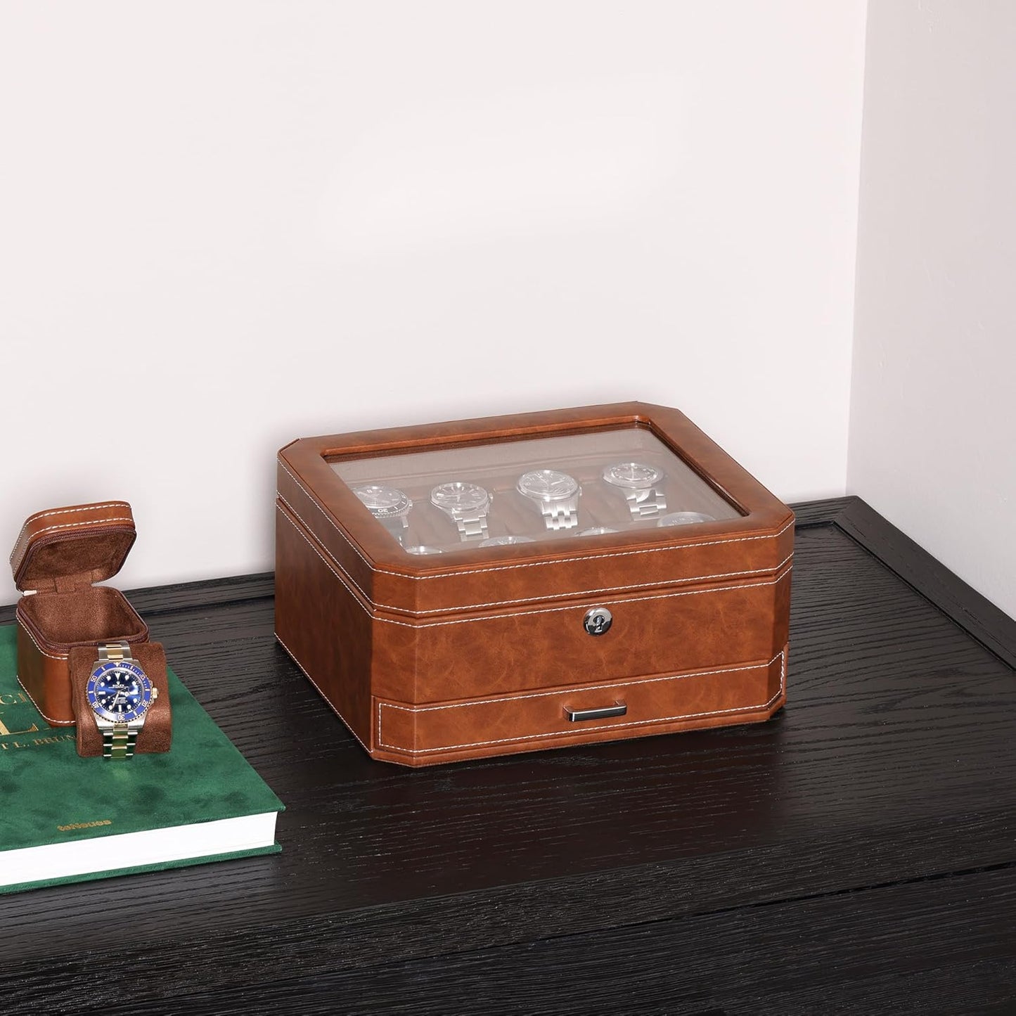 ROTHWELL 8 Slot Leather Watch Box with Valet Drawer - Luxury Case Display Jewelry Organizer, Locking Display Case Holder, Real Glass Top - Watch Box Organizer for Men & Women (Tan/Brown)