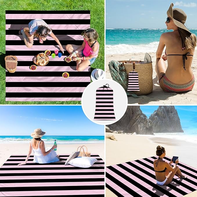 Beach Blanket Waterproof Sandproof, 78''×86'' Large Beach Mat for 2-4 Adults with Stakes, Sand Free Quick Dry Lightweight Outdoor Picnic Blankets for Travel, Camping, Hiking