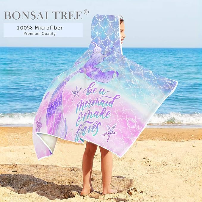 Bonsai Tree Mermaid Kids Beach Towel with Hood, Mermaid Tail Microfiber Hooded Poncho Towel for Girls 30”x50”, Mermaid Scales Pink Soft Absorbent Bath Towels Bathrobe for Swin Pool