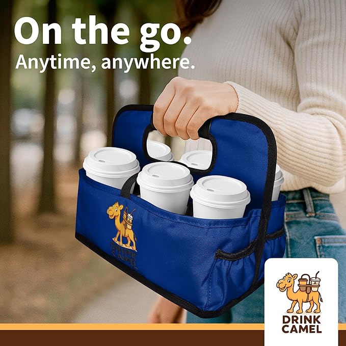 Reusable Drink Carrier with Handle, Foldable 6 Cup Drink Holder Carrier for Delivery, Coffee Cup Carrier, Portable Cup Holder Bag for Drinks, to Go Beverage Drink Organizer (Navy Blue)