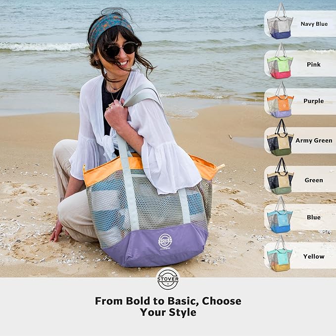 STOVER Extra Large Mesh Beach Bag, Vacation, Pool, Shopping & Travel Tote - Foldable w/Storage Pouch & Pockets for Women, Men