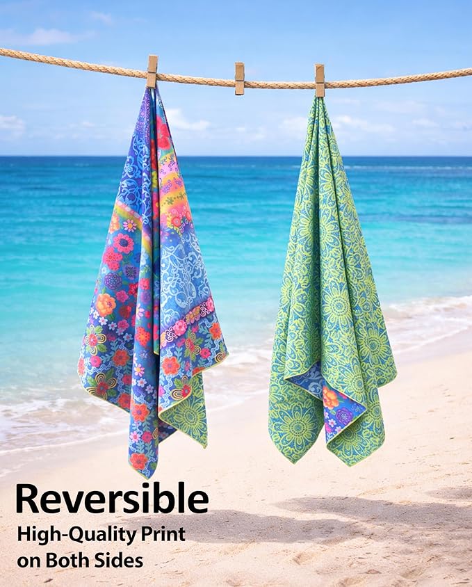 Microfiber Beach Towel Oversized 71X32" Thin, Large, Reversible, Lightweight, Quick Dry, Sand Free, Absorbent, Swim, Pool, Cruise, Compact Travel Towel, Camping, Beach Blanket, Carry Bag, Boho, Flower