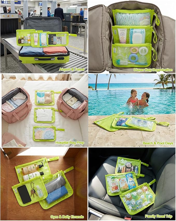 babygoal Clear Travel Organizer Bags 3 Pack, TSA Approved Mess-Proof Pouches with Snap Handle, Water-Resistant Toiletry Essentials for Baby & Mom (Fluorescent Green)